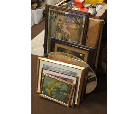 A QUANTITY OF ASSORTED PICTURES PRINTS AND MIRRORS TO INCLUDE AN ART NOUVEAU STYLE MIRROR OF A LADY, ETC 