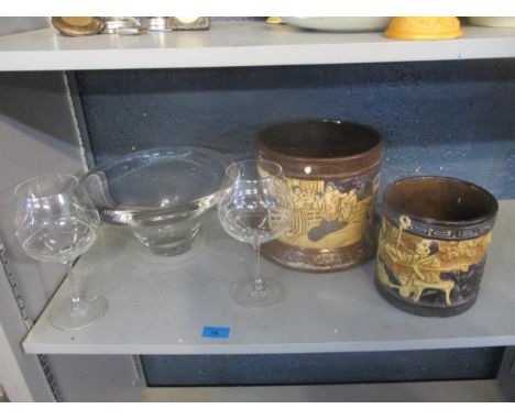 A heavy Dartington glass bowl and two Dartington wine glasses jewelled with white stones, a Bretby aesthetic pottery planter 