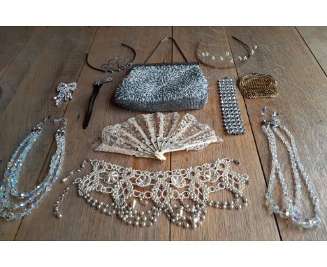 Vintage costume jewellery and accessories to include a mid 20th Century evening bag, 2 late 20th Century wedding tiaras, a go