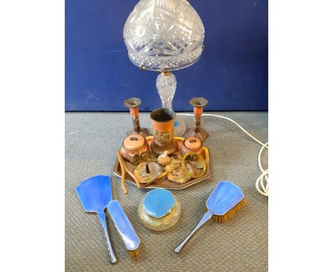 A cut glass lamp shade and base A/F, together with a Tunstall painted dressing table set and an enamelled brush/mirror set, A