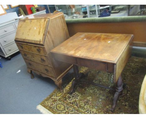 A 19th century mahogany sofa table on turned supports and scroll shaped legs, together with an early 20th century walnut bure