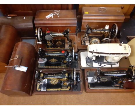 Six mixed vintage sewing machines comprising two Frister & Rossmann, three Singers, serial numbers Y9867681, ED2444350 and th