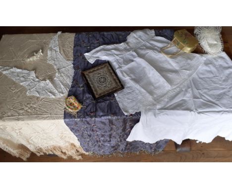 A Victorian cream silk crinoline shawl A/F with embroidered floral and berry swags and deep tasselled fringe together with a 