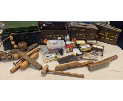 Mixed tools to include DIY tools housed in a metal toolbox and three Ammo tins A/F Location: 1.4 