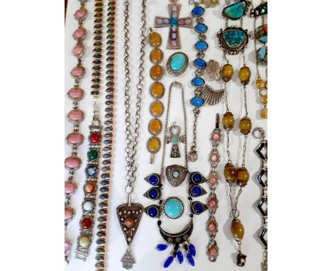 Mixed white metal and silver costume jewellery with hard stones, paste and turquoise cabochons, to include items with an East
