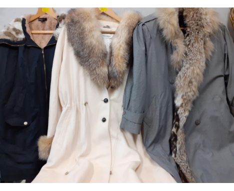 Mixed ladies coats and furs to include a vintage grey mac with fox fur collar and animal print lining, a modern Marina Rinald