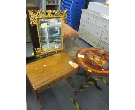 Mixed furniture to include an Italian marquetry inlaid table, two stools, late 19th/early 20th century gilt wall mirror and a