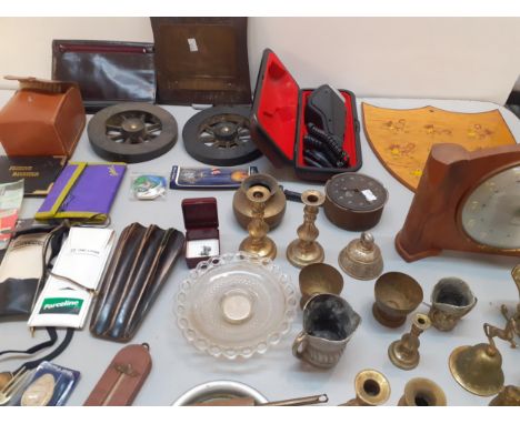 A mixed lot to include brass ornaments, collectors spoons, darts, a Westclox mantel clock, a vintage 1920's/30's Smiths autom