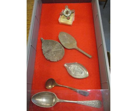 A Romano - British enamel disc brooch, 2nd centenary and a group of Georgian and later silver spoons and silver plated spoons