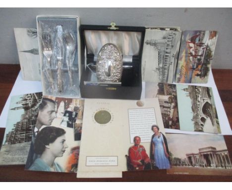 A boxed silver christening set, silver plated cutlery, commemorative crown and early 20th century postcardsLocation: 