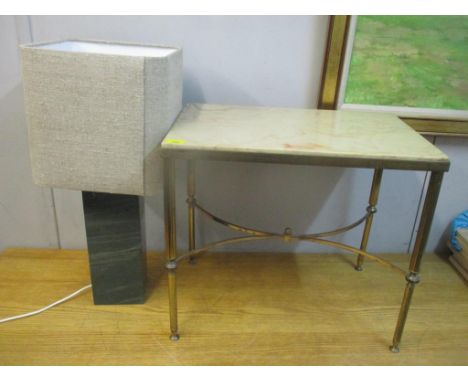 A late 20th century brass occasional table with a marble top, and a Welsh slate table lamp and shadeLocation: 