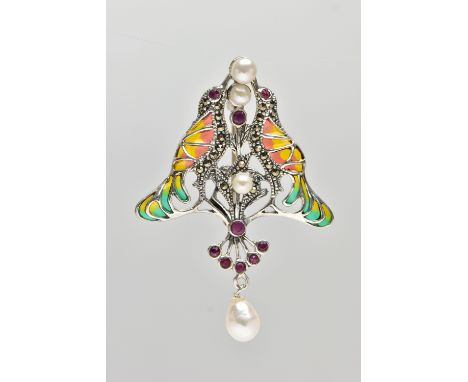 A PLIQUE A JOUR PENDANT BROOCH, a white metal art nouveau style brooch, designed as two birds, with green yellow and orange p