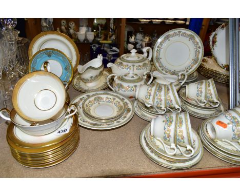 A GROUP OF AYNSLEY 'HENLEY' PATTERN TEAWARES, comprising a teapot (cracked spout, worn gilt handle), a gravy/sauce jug and st