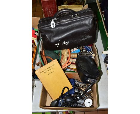 TWO BOXES AND A BAG OF VINTAGE MEDICAL EQUIPMENT, to include a dark brown F Bosch medical bag containing stethoscopes, forcep