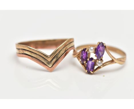 TWO 9CT GOLD RINGS, to include a purple cubic zirconia and imitation seed pearl abstract ring, bifurcated shoulders, leading 