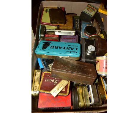 A BOX OF ASSORTED VINTAGE TIN BOXES, mostly tobacco tins with a small quantity of snuff and cigarettes etc (1 box)