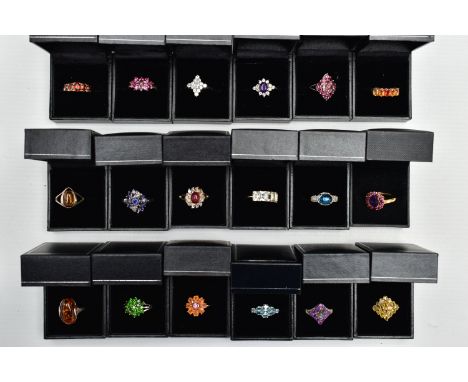 ASSORTED GEM SET RINGS, eighteen colourful gem set dress rings all set in white and yellow metal, each stamped 925, approxima