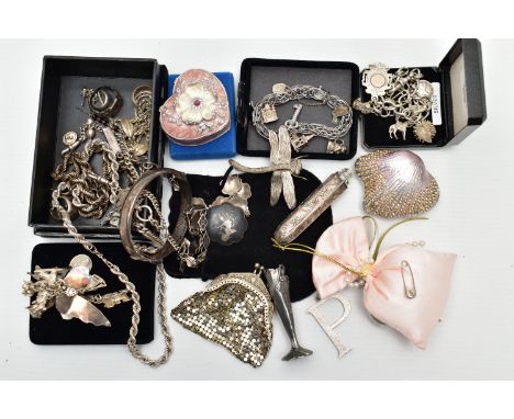 A BOX OF ASSORTED SILVER AND WHITE METAL JEWELLERY AND ITEMS, to include a silver hinged bangle hallmarked Birmingham, a silv