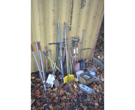 A SELECTION OF GARDEN ITEMS, to include a vintage garden roller, tools including spades, shovels, shears, rakes, etc (25+)