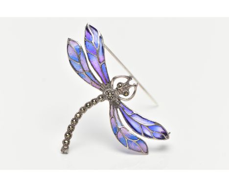 A WHITE METAL PLIQUE A JOUR BROOCH, in the form of a dragonfly, the body set with marcasite, decorated with purple and pink e