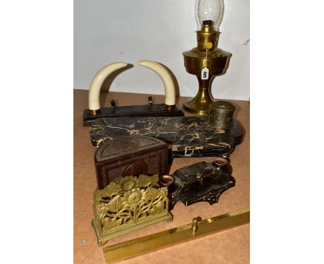 A SMALL GROUP OF STATIONERY ITEMS ETC, to include a Bakelite Linsden Ware desk tidy, marble desk stand - missing ink well etc