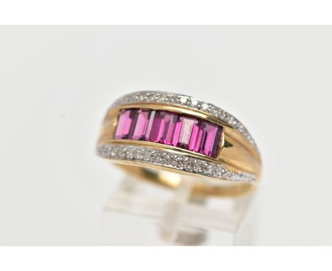 A 9CT GOLD TOURMALINE AND DIAMOND DRESS RING, set with five rectangular cut pink tourmaline, with diamond set line accents, t