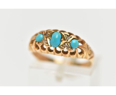 AN EARLY 20TH CENTURY TURQUOISE AND DIAMOND RING, centering on an oval cut turquoise cabochon, flanked with two circular cut 