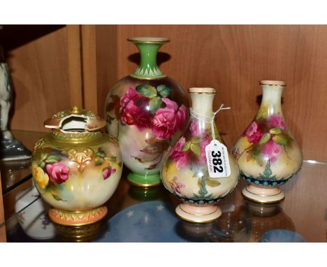 FOUR ROYAL WORCESTER VASES, comprising a pair of bulbous long necked vases, having relief moulded foliate decoration, painted