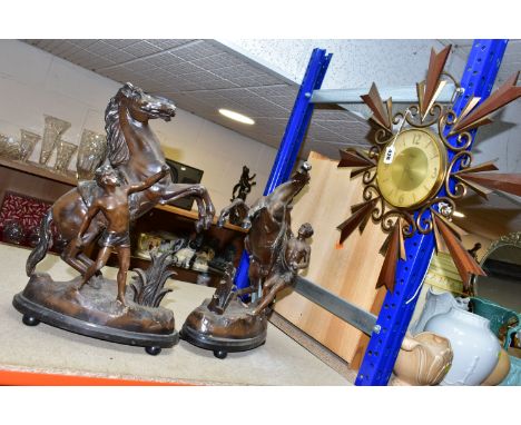 A PAIR OF SPELTER 'MARLEY HORSES' FIGURINES, supported on wooden plinths, cold-painted brown, height 40cm, together with a 19