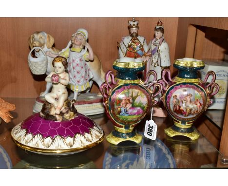 A GROUP OF CERAMICS, comprising a pair of Vienna-style porcelain vases of triangular form, each having three undulating handl