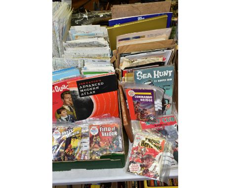 EPHEMERA, three boxes containing a miscellaneous collection of magazines, books, guides, stamps and maps to include approxima