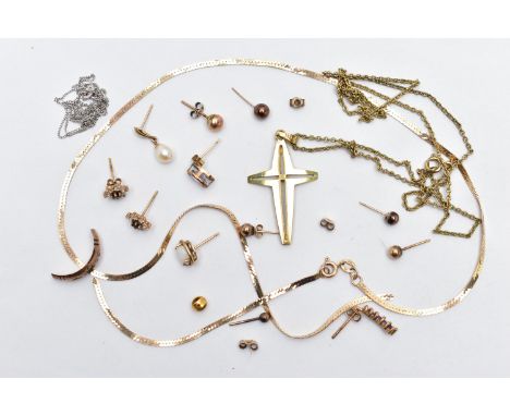 A SMALL QUANTITY OF YELLOW METAL JEWELLERY, to include a yellow metal cross pendant necklace, the cross stamped 333, suspende