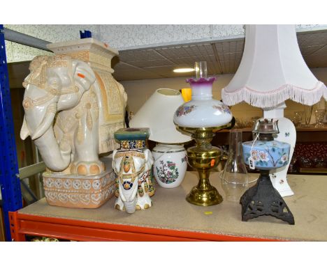 A GROUP OF TABLE LAMPS AND A CERAMIC ELEPHANT STOOL, comprising a cream and yellow 'Elephant' stool/stand, height 60cm, an 'E