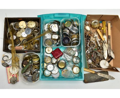 A TRAY OF POCKET WATCHES, WATCH PARTS, SPARES AND REPAIRS, to include pocket watch cases, movements, pocket watches with name