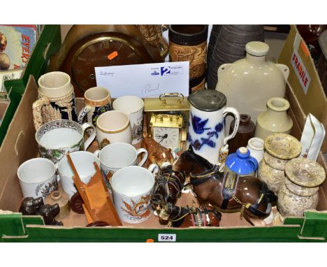 A BOX AND LOOSE CERAMICS, CLOCKS AND SUNDRY ITEMS, to include a pair of Bretby vases with oriental design height 23cm, a mug 