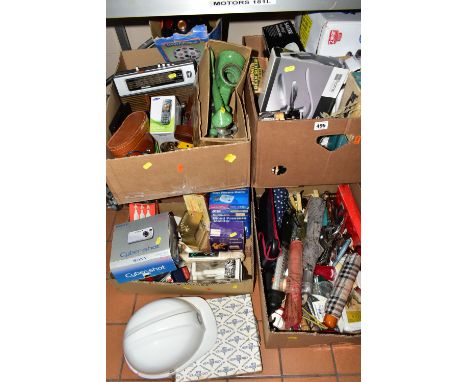 FIVE BOXES OF KITCHEN EQUIPMENT AND ASSORTED SUNDRIES, to include a Fidelity Rad28 electric radio, a Kyocera Yashica Zoomate 