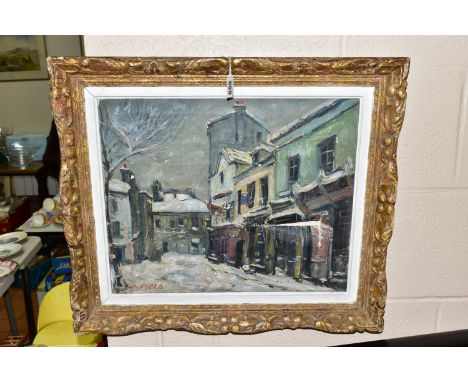 CHARLES FEOLA (FRENCH 1917-1994) A PARISIAN STREET SCENE IN WINTER, signed bottom left, approximate size 37cm x 45cm, Conditi