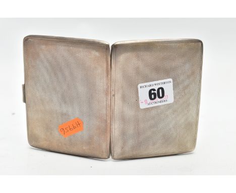 A SILVER CIGARETTE CASE, of a rectangular form, engine turned pattern, push piece clasp, opens to reveal a gilt interior fitt