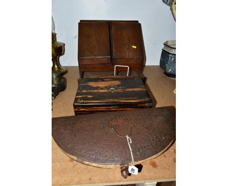 A SMALL GROUP OF WOODEN ITEMS ETC, to include a wooden stationery box, coromandel wood work box, lacking interior fittings, c