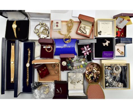 TWO PLASTIC BOXES OF ASSORTED SILVER AND COSTUME JEWELLERY, to include a silver five bar gate bracelet fitted with a heart pa