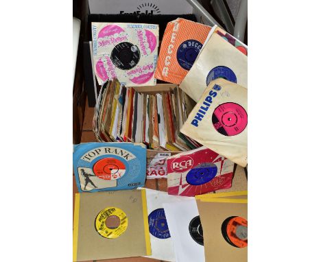 TWO BOXES OF SINGLE RECORDS, to include 45rpm records from mid 1960's - 1970's, artists include Sonny &amp; Cher, Elvis, Dust