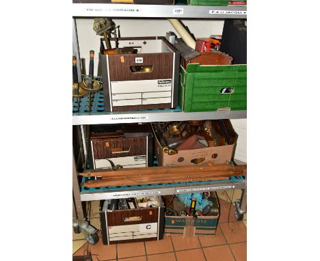 SIX BOXES AND LOOSE METALWARES, TREEN AND SUNDRY ITEMS, to include two fencing swords, cast iron gauntlet and sword ornaments