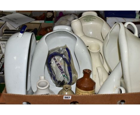 ONE BOX OF CERAMIC BEDPANS, to include four ceramic 'Slipper' bed pans, 'Ideal' and 'Perfection', one white enamel bed pan, t