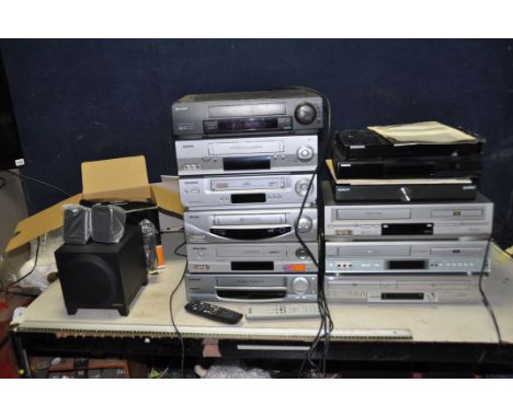 A SELECTION OF VIDEO AND DVD/VIDEO PLAYERS from Sony, Samsung, Toshiba, etc, a Creative Aspire speaker set and two Humax Free