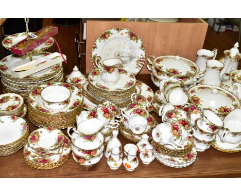 A ROYAL ALBERT 'OLD COUNTRY ROSES' PATTERN DINNER SET, comprising a two tier cake stand, sixteen dinner plates, twelve soup d