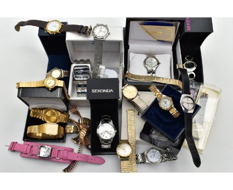 A BOX OF ASSORTED WRISTWATCHES,  seventeen wristwatches, names to include 'Fossil, Montine, Addidas, Zeitner, Citizen, Seksy,
