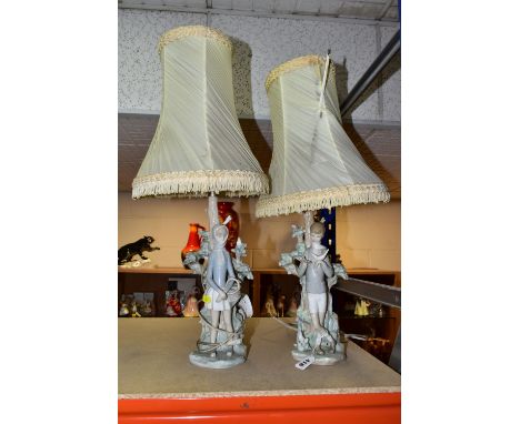 TWO LLADRO TABLE LAMPS, comprising 'Girl with pigeons' 4507 and 'College lamp' 4508 boy with birds, both designed by F.Garcia