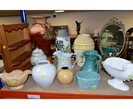 A COLLECTION OF CERAMIC VASES, WATER JUGS AND JARDINIERES ETC, to include a Dumler &amp; Breiden globular shaped vase, impres