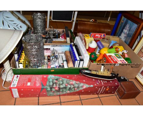 THREE BOXES AND LOOSE SUNDRY ITEMS ETC, to include plastic children's toys, books relating to Princess Diana, novels by femal