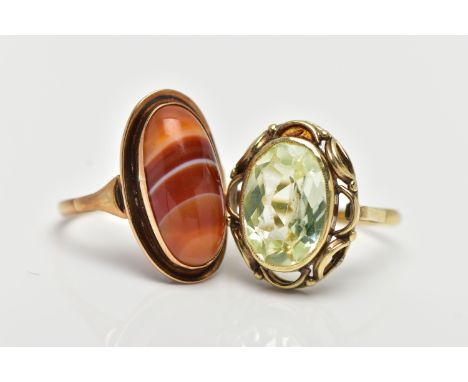 TWO GEM SET RINGS, the first of an oval form, set with an oval cut light green synthetic spinel, milgrain collet set, openwor
